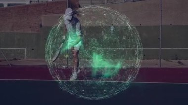 Sert kortta tenis oynayan orta yaşlı bir adam, yeşil ağ grafikleriyle spor teknolojisi gösteriyor. Sporcu, spor, rekabet, canlılık, açık hava, manzara, dijital