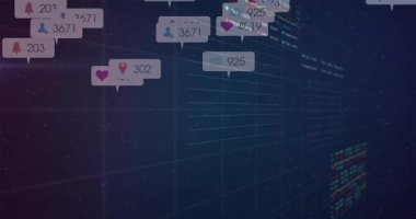 Veri görselleştirmesi, yüzen GUI baloncuklarının hisse senetleriyle 3 boyutlu ızgara boyunca ilerlediğini gösteriyor. Fütürist, teknoloji, dijital, arayüz, analitik, sanal, parlak