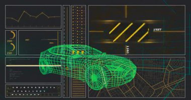 Büyülü ızgaranın üzerinde yüzen yeşil 3D kablo modeli ve istatistikleri gösteren veri görselleştirme panelleri. Gelecek, teknoloji, yenilik, dijital, arayüz, veri, sanal