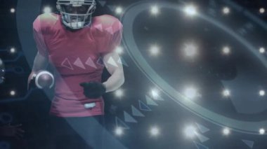 Futbolcular dijital sahada, parlayan ışıklar ve üçgenlerle teknolojiyi vurguluyorlar. Atletizm, rekabet, fütürizm, esportlar, esneklik, hareket, yenilik