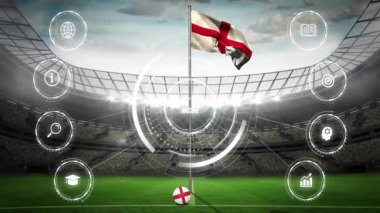Futbol stadyumu sahada 3D formatında, İngiltere bayrağı ve topu HUD simgeleriyle sallıyor. Spor, stadyum, dijital, teknoloji, açık hava, arena, analiz