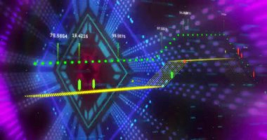 Neon mor altıgen dalga boyu parıldıyor, veri noktalarını ve şamdanları 3 boyutlu olarak görselleştiriyor. Fütüristik, dijital, teknoloji, analitik, veri, görselleştirme, soyut