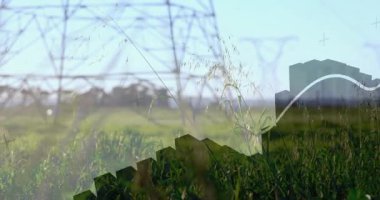 Yeşil alan üzerinde yükselen çelik kafes iletim kulesi düz tasarım çubuk çizelgeleri gösteriyor. Altyapı, yenilenebilir, sürdürülebilirlik, teknoloji, yenilik, dijital, çevre