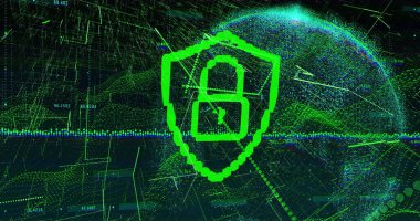 Siyah zemin üzerinde asma kilit olan dijital kalkan görüntüsü. küresel internet güvenliği, veri işleme, bağlantılar ve dijital arayüz konsepti dijital olarak oluşturuldu.