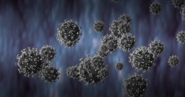 Küresel virüs parçacıkları mikroskobik sıvı ortamında, sivri proteinlerle birlikte yüzüyor. Biyolojik, bilimsel, moleküler, geleceksel, eğitici, dijital, sağlık