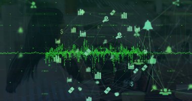 Kadın laboratuvar çalışanı üzerindeki bağlantı ağı görüntüsü. ağ, bağlantılar, bilim ve teknoloji konsepti dijital olarak oluşturulmuş görüntü.