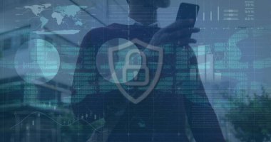 Afro-Amerikan iş adamı üzerinde veri işleme ve asma kilit simgesi. küresel iş, bilgisayar ve dijital arayüz kavramı dijital olarak oluşturulmuş görüntü.