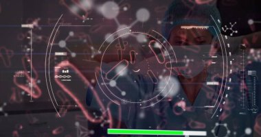 Çift ırklı doktor yerine veri işleme ve virüs hücrelerinin görüntüsü. küresel bilim, veri işleme ve dijital arayüz kavramı dijital olarak oluşturulmuş görüntü.