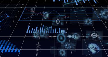 Karanlık arka planda veri işleme resmi. küresel iş, dijital arayüz ve teknoloji konsepti dijital olarak oluşturulmuş görüntü.