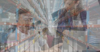 Ofisteki ve depodaki çeşitli iş adamlarının finansal veri işleme görüntüsü. İş, finans ve veri işleme kavramı dijital olarak oluşturulmuş görüntü.