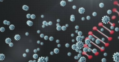 Koyu arkaplana düşen 19 hücrenin üzerinde dönen DNA iplikçikleri. küresel covid 19 salgın konsepti dijital olarak oluşturulmuş görüntü.