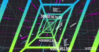 Siyah arkaplandaki şekillerin üzerindeki veri işleme resmi. küresel sosyal medya, ışık ve şablon kavramı dijital olarak oluşturuldu.