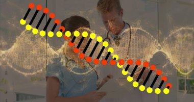 Çeşitli doktorların üzerinde dönen veri işleme ve DNA iplikçikleri. küresel tıp, araştırma, sağlık, dijital arayüz ve veri işleme kavramı dijital olarak oluşturulmuş görüntü.