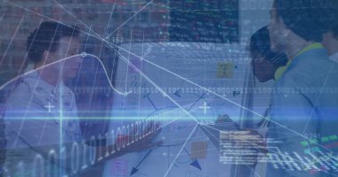 İş adamları üzerinde finansal veri işleme görüntüsü. global business, finans, data işleme ve dijital arayüz kavramı dijital olarak oluşturuldu.