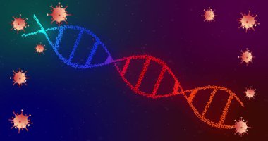 Soyut uzayda şekillendirilmiş virüs parçacıkları ile sarmal halkalar halinde canlı DNA gösterimi. Fütürist, bilim, teknoloji, yenilik, moleküler, mikroskobik, dijital sanat