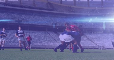 Rugby sahasındaki çeşitli rugby oyuncularının üzerinde parlayan ışıklar. ragbi, spor ve yarışma konsepti dijital olarak oluşturuldu.