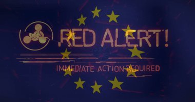 eu bayrağı üzerinde kırmızı alarm mesajı resmi. Ukrayna krizi ve uluslararası politika kavramı dijital olarak oluşturuldu.
