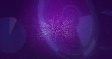 Mor gradyan arayüzün üzerinde süzülen küçük beyaz noktalardan oluşan büyük NFT metinleri gösteriliyor. Fütürist, dijital, teknoloji, engelleme zinciri, yenilik, siber, soyut
