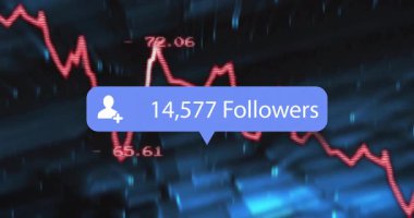 Kırmızı çizginin üzerinde süzülen mavi uyarı baloncuğu 295.653 takipçi sayısının düz olduğunu gösteriyor. Veri görselleştirme, dijital arayüz, analitik, teknoloji, kullanıcı bağlantısı, kurumsal, modern