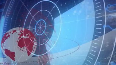 Dijital küre mavi ızgara üzerinde dönen kırmızı kıtaları gösteriyor, radar halkalarını altıgenlerle gösteriyor. Küresel, görselleştirme, teknoloji, veri, gelecek, ağ, iletişim