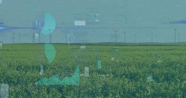 Sarı çiçek tarlası ufka ulaşırken rüzgar türbinleri dönüyor ve veriler sürükleniyor. Vektör grafikleri, yenilenebilir enerji, sürdürülebilir tarım, fütüristik, manzara, teknoloji, çevre dostu