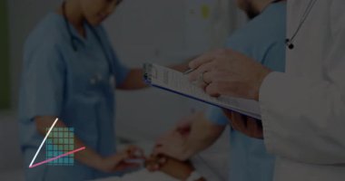 Sağlık ekibi klinikteki hasta verilerini inceliyor, animasyon bar çizelgeleri ve trend çizgileri gösteriyor. Tıbbi, analitik, modern, sağlık, profesyonel, bilgi, iş