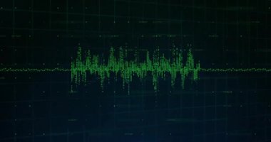 Fütürist ızgara arayüzü boyunca HUD grafik panellerinin yanında neon yeşil dalga formu yansıtılıyor. Gelecekçi, siber, teknoloji, arayüz, görselleştirme, dijital, neon