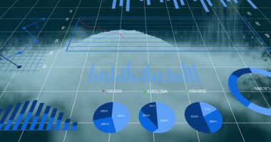 Büyük mavi donut şeması sisli ızgara üzerinde dönüyor, 2D çizgi grafiği, çubuk elemanları, pasta grafikleri gösteriyor. Veri, analitik, görselleştirme, bilgi, dijital, teknoloji, fütürist
