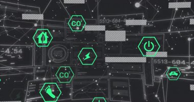 3 boyutlu karanlık HUD arayüzü üzerinde yüzen neon yeşil altıgen simgeleri, enerji verilerini ve ağ bağlantılarını gösteriyor. Teknoloji, yenilik, sürdürülebilirlik, veri görselleştirme, siber güvenlik, dijital arayüz, fütürist