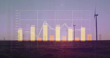 Rüzgar gücü verileri alacakaranlık türbinlerin üzerinde gösteriliyor, altı düz çubuk, ızgara ve çizgi grafiği gösteriyor. Yenilenebilir enerji, sürdürülebilirlik, teknoloji, ekoloji, manzara, görselleştirme, çevre