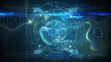 Neon ışıkları ızgaranın üzerinde yüzen veri noktaları etrafında dans ederken holografik küre dönüyor. Fütürist, siber, teknoloji, görselleştirme, dijital, soyut, ağ