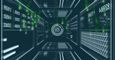 Dairesel HUD ögesi 3 boyutlu veri koridorunda gösteriliyor, yüzen paneller ve akış kodları gösteriliyor. Fütüristik, veri görselleştirme, dijital arayüz, sanal gerçeklik, bilgi teknolojisi, siber, yüksek teknoloji