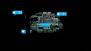 Siyah üzerine parlayan beyin şekilli kelime bulutu. Mavi sosyal medya bildirim simgeleri düz bir şekilde. Zihniyet, yenilik, iletişim, dijital, analitik, ağ, ilham