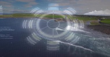 Dijital HUD, gökyüzü kıyı manzarasını kaplıyor. Kule yıkıntısını, kayalık kıyı şeridinde dalgaların kırıldığını gösteriyor. Manzara, denizcilik, vintage, teknoloji, navigasyon, manzara, macera