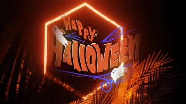 Neon Happy Halloween tabelası turuncu parlıyor, örümcek ağlarını çerçeveliyor ve hayalet grafiği çiziyor. Neon, kutlama, ürkütücü, canlı, aydınlatma, dekor, atmosfer