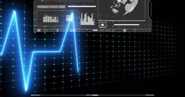 Gösterge paneli ECG dalga biçimini gösteriyor, sayısal onaltılık değerleri güncelleyen paneller ve dönen dünya. Fütürist, teknoloji, veri görselleştirme, siber, arayüz, dijital, analitik