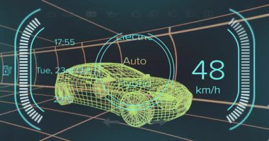 3D neon yeşil kablo arabası dijital HUD hızını gösterirken ızgara üzerinde görüntüleniyor. Fütürist, dijital, teknoloji, elektronik, arayüz, modern, yenilik