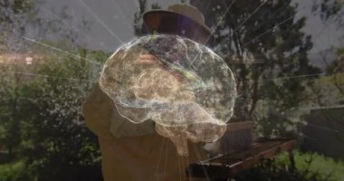 Kıdemli arıcı arıları bal peteği çerçevesinden temizliyor, dijital beyin hologram teknolojisini gösteriyor. Teknolojik, yenilikçi, doğa, bilim, araştırma, açık hava, gelecekçi