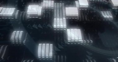 Siber uzayda canlandırılan yüzen dijital paneller, 3D ızgara platformları üzerinde ikili akımları gösteriyor. Gelecekçi, dijital, sürükleyici, soyut, teknoloji, sanal, siber