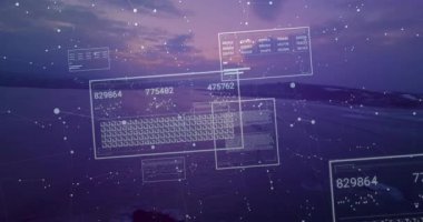 Alacakaranlık Okyanusu 'nun üzerinde yüzen merkezi arayüz paneli, sayısal ölçümler ve düğüm grafikleri gösteriyor. Futuristik, teknoloji, dijital, veri görselleştirme, arayüz, yenilik, soyut