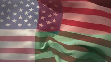 Sahnede ABD ve Macaristan bayrakları canlandırılıyor ve düz tasarımda üst üste binen dalga etkilerini gösteriyor. Vatanseverlik, birlik, kültürel çeşitlilik, dijital sanat, grafik tasarım, uluslararası ilişkiler, sembolizm