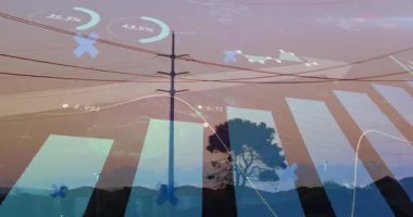 Elektrik kulesi, alacakaranlıkta düz dizayn siluetleriyle piksellenmiş borsa örtüsünün altında duruyor. Teknoloji, finans, dijital, altyapı, kentsel, günbatımı, sanayi