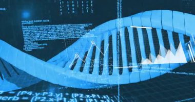 Veri grafikleri ve kod kaplamalarıyla çerçeve boyunca uzanan üç boyutlu çift sarmallı DNA. Teknoloji, veri görselleştirme, biyoteknoloji, dijital sanat, bilim, yenilik, fütürist