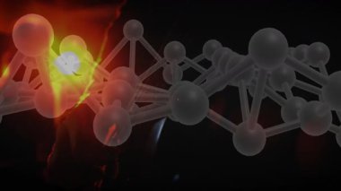 Parlayan atom ve şeffaf kürelerle çerçevenin üzerinde yüzen moleküler model. Bilim, teknoloji, dijital, yenilik, fütüristik, kimyasal, bilgi