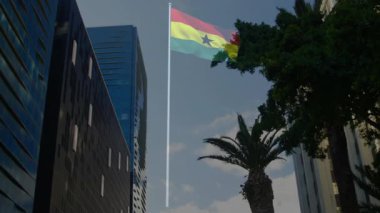 İş bölgesinde cam kuleler ve palmiye ağaçları arasında sallanan Ganaian bayrağı 3D görüntüleme kullanıyor. Ulusal amblem, kurumsal siluet, modern mimari, şehir manzarası, tropikal yeşillik, vatanseverlik sembolü, profesyonel çevre