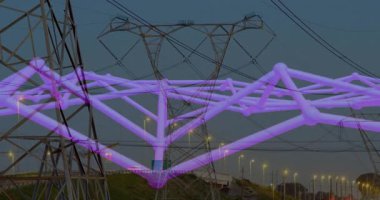 3D görüntüleme yüksek voltajlı kule setin üzerinde yükselen alacakaranlık gökyüzünde mor ağ örtüsü. Enerji, altyapı, teknoloji, bağlantı, yenilik, aydınlanma, manzara
