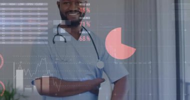 Hastanedeki sağlık verilerini analiz eden, yüzen veri grafiklerini ve dünya haritasını gösteren bir doktor. Tıbbi, sağlık, analitik, teknoloji, profesyonel, dijital, fütürist