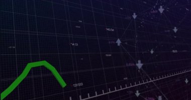 Dijital finans gösterge paneli. Karanlık ızgarada üç boyutlu yeşil zigzag çizelgesini gösteriyor. Sayısal veriler de var. Finansal analiz, veri görselleştirme, teknolojik, girişim, analitik, yatırım, modern