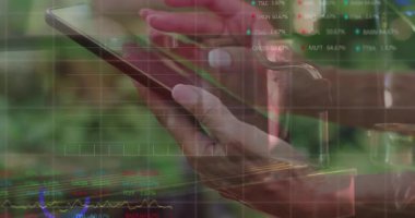 Ofiste akıllı telefon tutan iki meslektaş canlı ölçümlerle animasyon finans tabloları sergiliyor. İşbirliği, takım çalışması, finans, iş, analiz, teknoloji, gelişigüzel