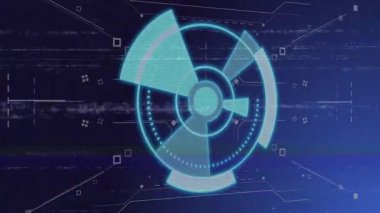 Teal holografik dairesel HUD karanlık arayüzde eşmerkezli halkalar ve kavislerle parlıyor ve dönüyor. Gelecekçi, teknoloji, arayüz, ui, hologram, bilim kurgu, dijital